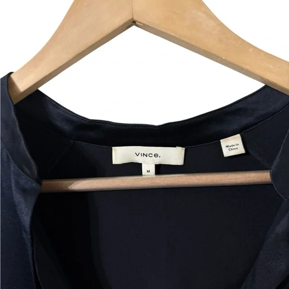 VINCE Band Collar Silk Navy Long Sleeve Blouse Top - Picture 2 of 8